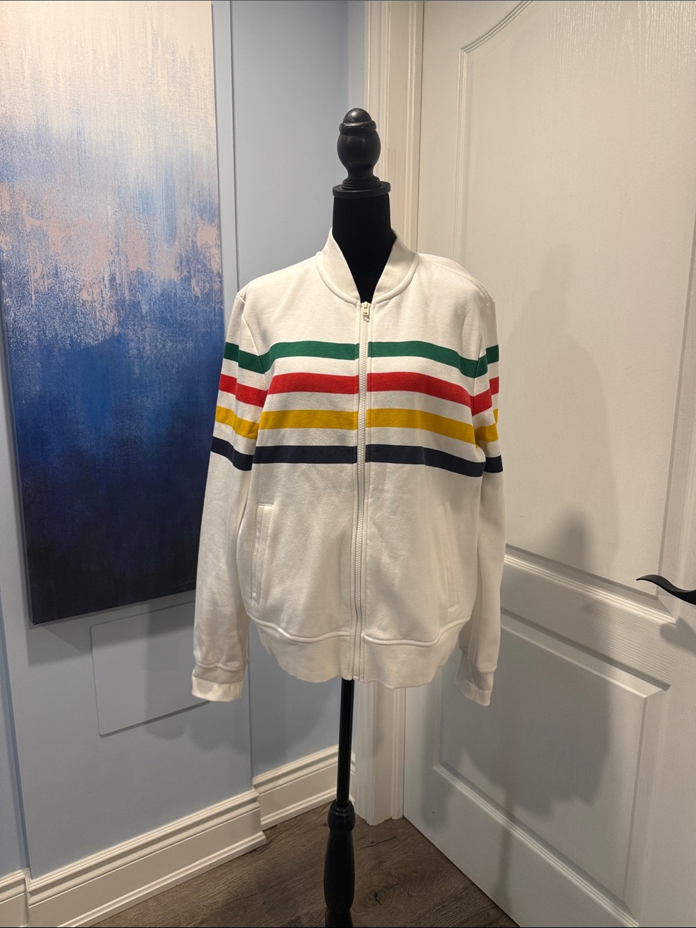 White Zip-Up Bomber Jacket with Multicolor Stripes